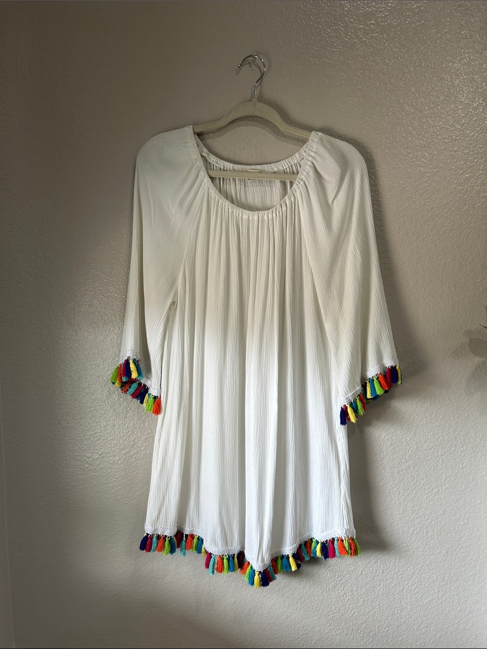 indigo soul White Peasant Tunic Multicolor Tassels Sz L Summer Casual TC0155